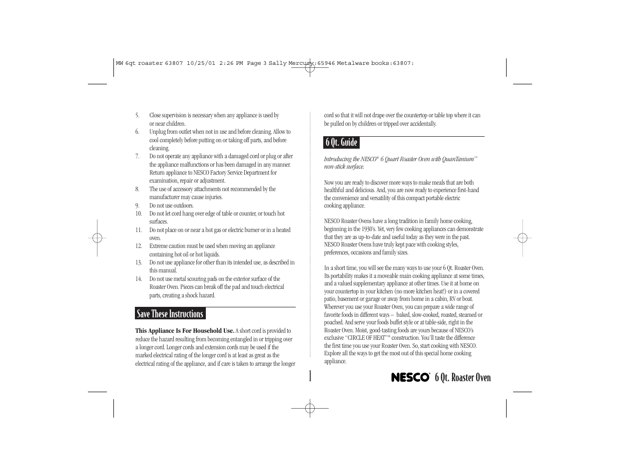 6 qt. roaster oven, Save these instructions, 6 qt. guide | Nesco 6-QT User Manual | Page 3 / 24