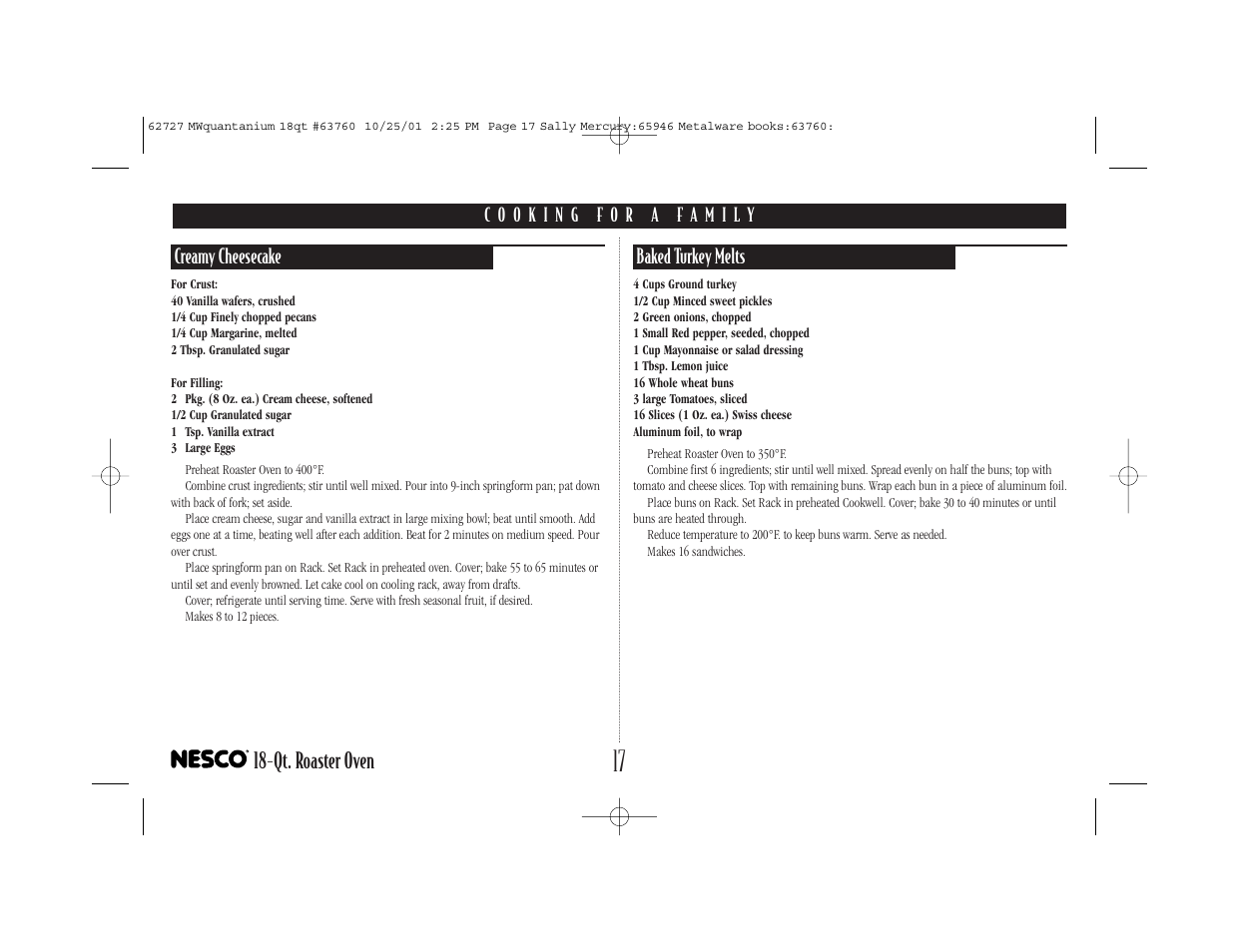 Qt. roaster oven, Creamy cheesecake, Baked turkey melts | Nesco 18-Qt. User Manual | Page 18 / 20