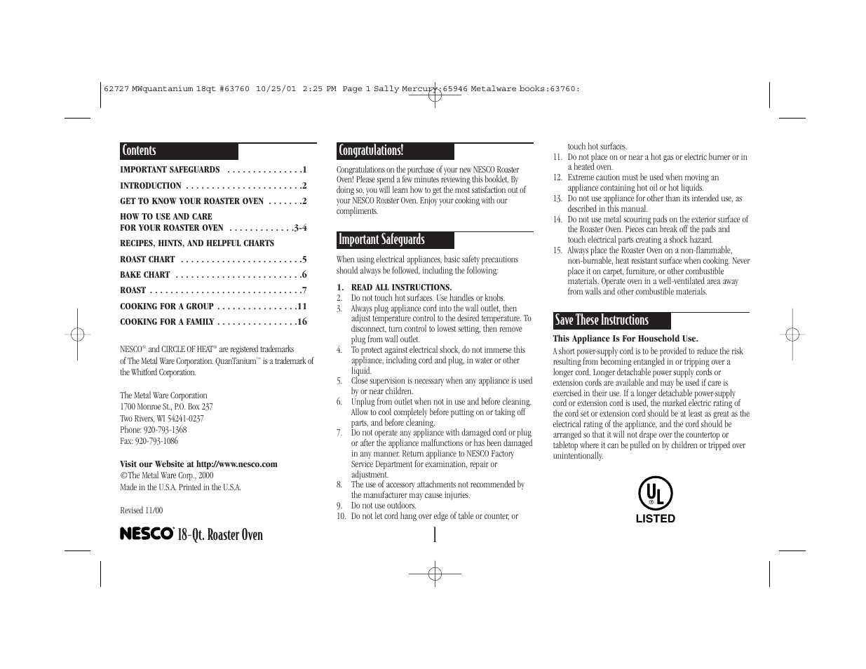 Nesco 18-Qt. User Manual | Page 2 / 20