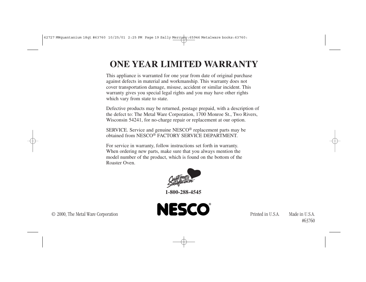 One year limited warranty | Nesco 18-Qt. User Manual | Page 20 / 20