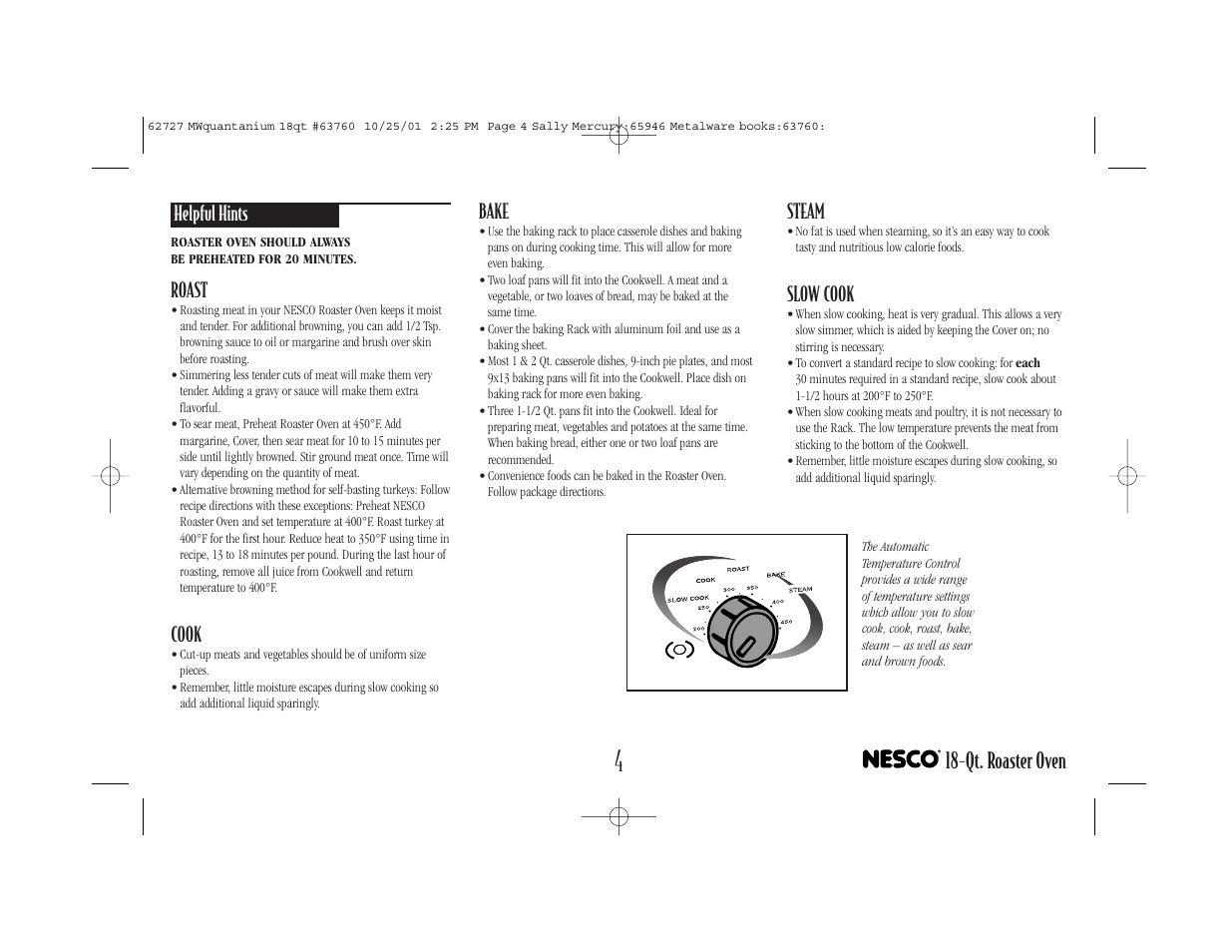 Qt. roaster oven, Helpful hints, Roast | Cook, Bake, Steam, Slow cook | Nesco 18-Qt. User Manual | Page 5 / 20