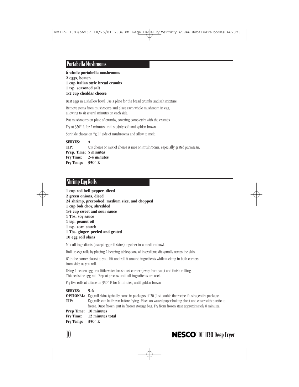 Df-1130 deep fryer, Portabella mushrooms, Shrimp egg rolls | Nesco DF-1130 User Manual | Page 10 / 12