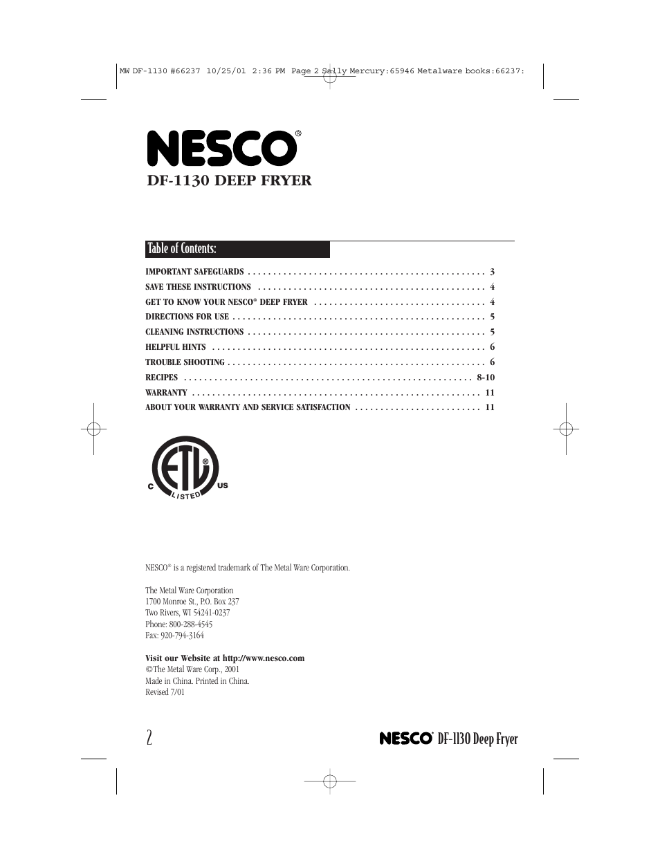 Nesco DF-1130 User Manual | Page 2 / 12