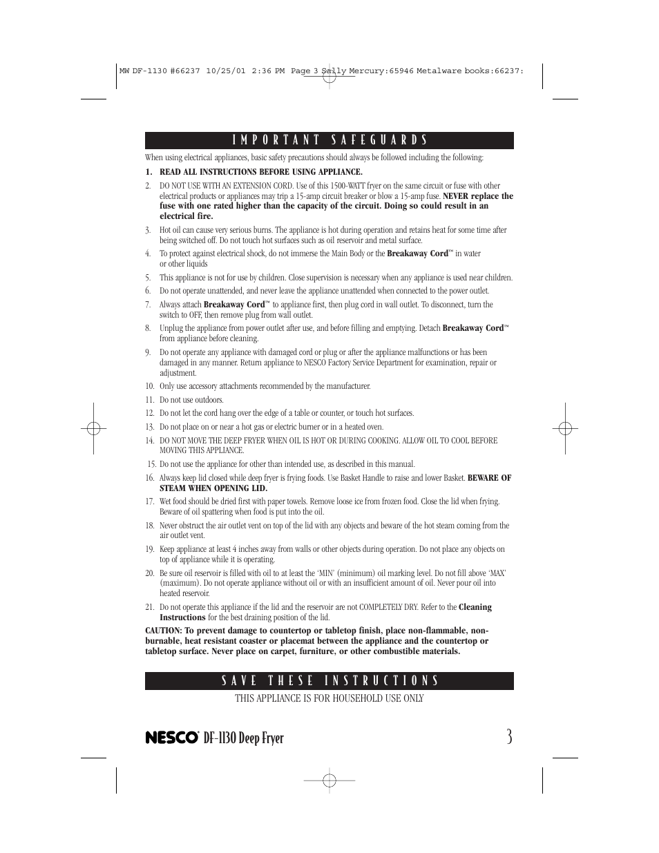 Df-1130 deep fryer | Nesco DF-1130 User Manual | Page 3 / 12