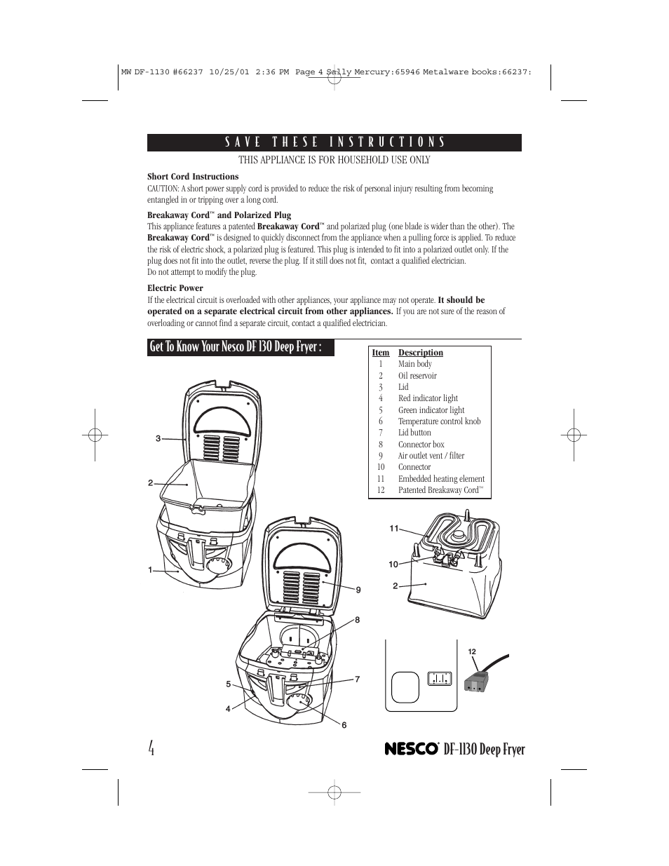 Df-1130 deep fryer, Get to know your nesco df 130 deep fryer | Nesco DF-1130 User Manual | Page 4 / 12