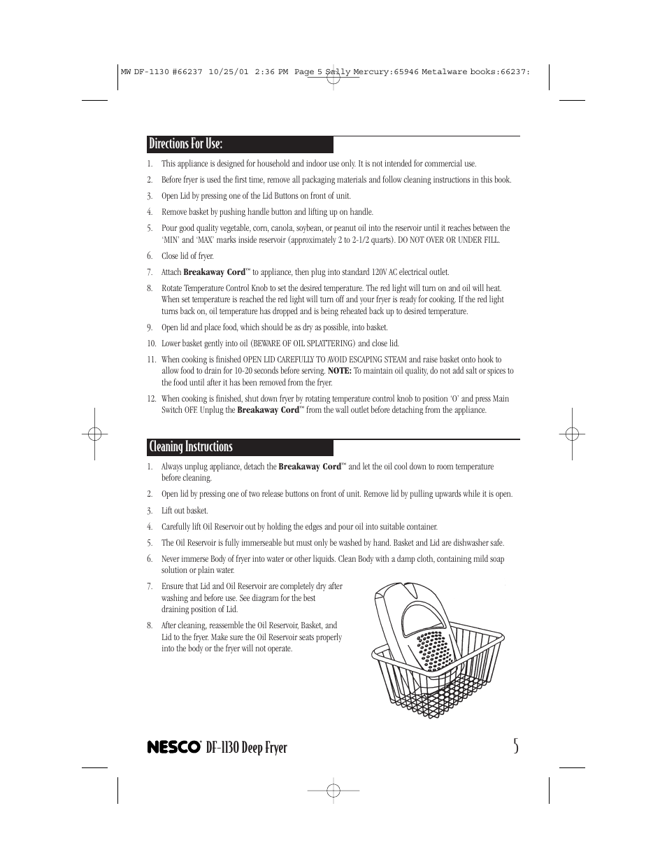 Df-1130 deep fryer, Directions for use, Cleaning instructions | Nesco DF-1130 User Manual | Page 5 / 12