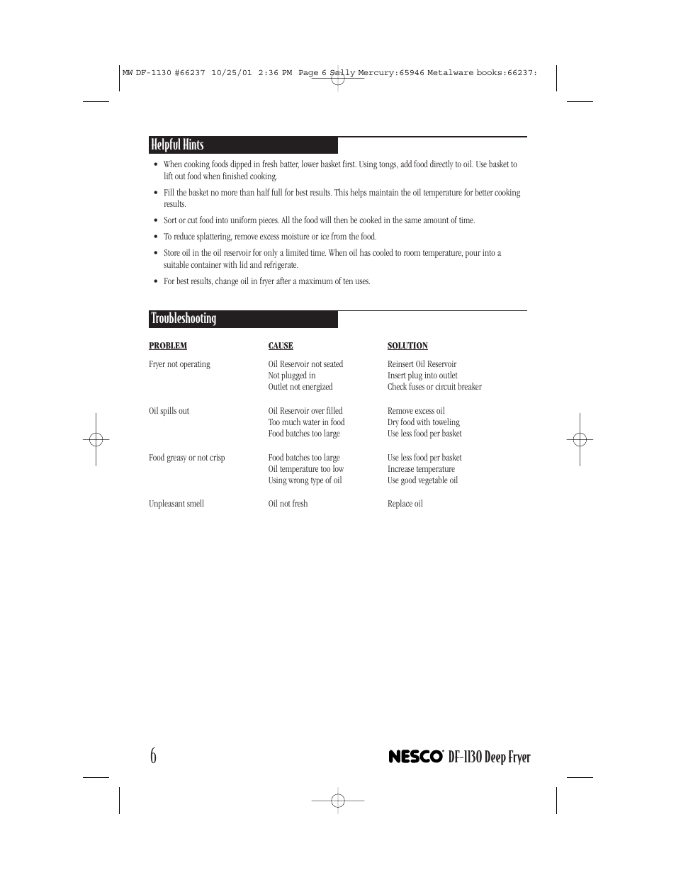 Df-1130 deep fryer, Helpful hints, Troubleshooting | Nesco DF-1130 User Manual | Page 6 / 12