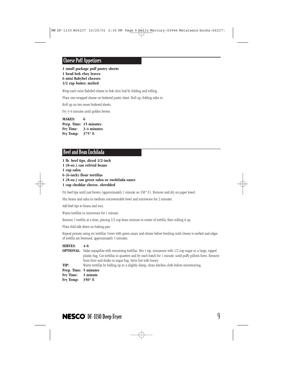 Df-1130 deep fryer, Cheese puff appetizers, Beef and bean enchilada | Nesco DF-1130 User Manual | Page 9 / 12