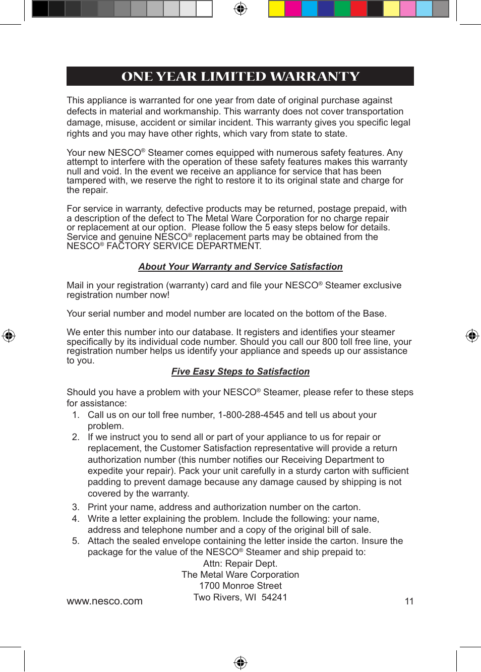 One year limited warranty | Nesco ST-25 User Manual | Page 11 / 12