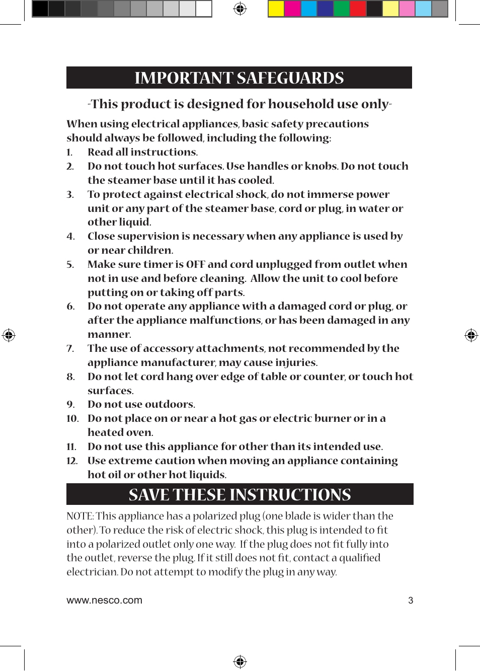 Important safeguards, Save these instructions | Nesco ST-25 User Manual | Page 3 / 12