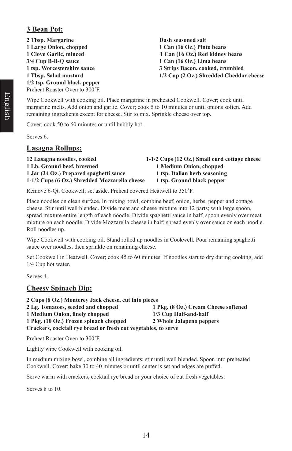 14 e ng lis h 3 bean pot, Lasagna rollups, Cheesy spinach dip | Nesco Electric Roaster Oven User Manual | Page 14 / 36