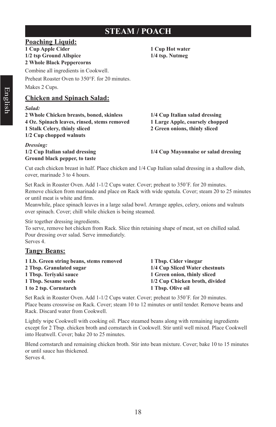 Steam / poach, 18 e ng lis h, Poaching liquid | Chicken and spinach salad, Tangy beans | Nesco Electric Roaster Oven User Manual | Page 18 / 36