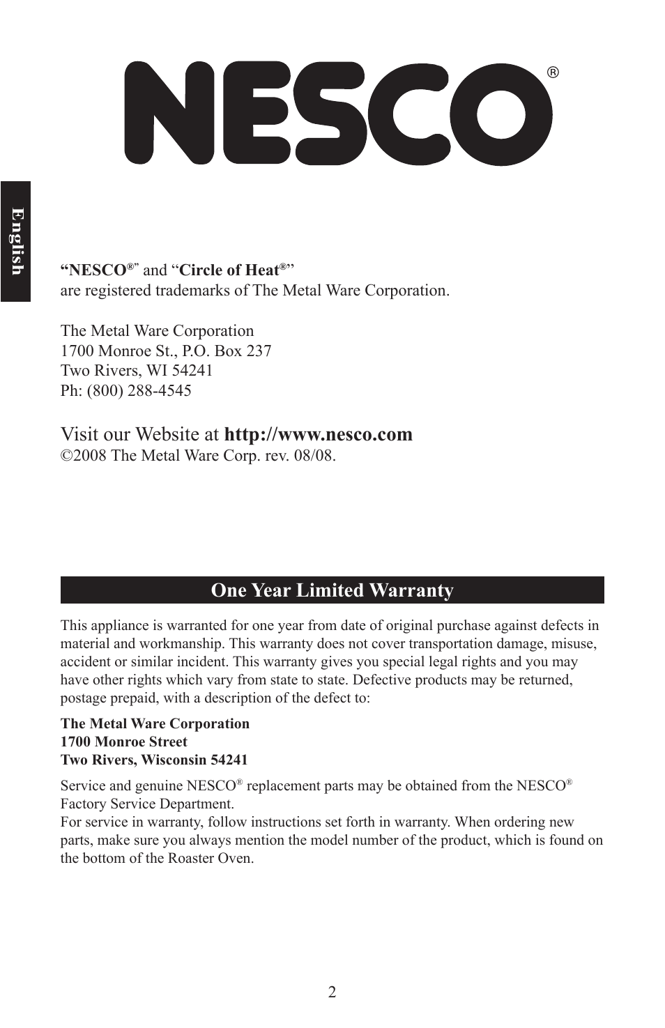 One year limited warranty | Nesco Electric Roaster Oven User Manual | Page 2 / 36