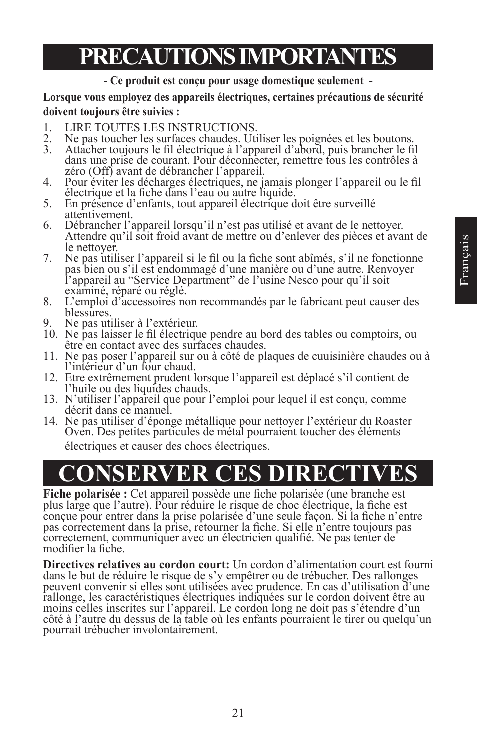 Precautions importantes, Conserver ces directives | Nesco Electric Roaster Oven User Manual | Page 21 / 36