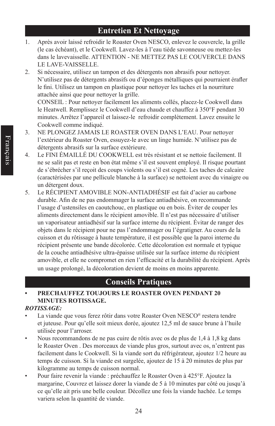 Entretien et nettoyage, Conseils pratiques | Nesco Electric Roaster Oven User Manual | Page 24 / 36