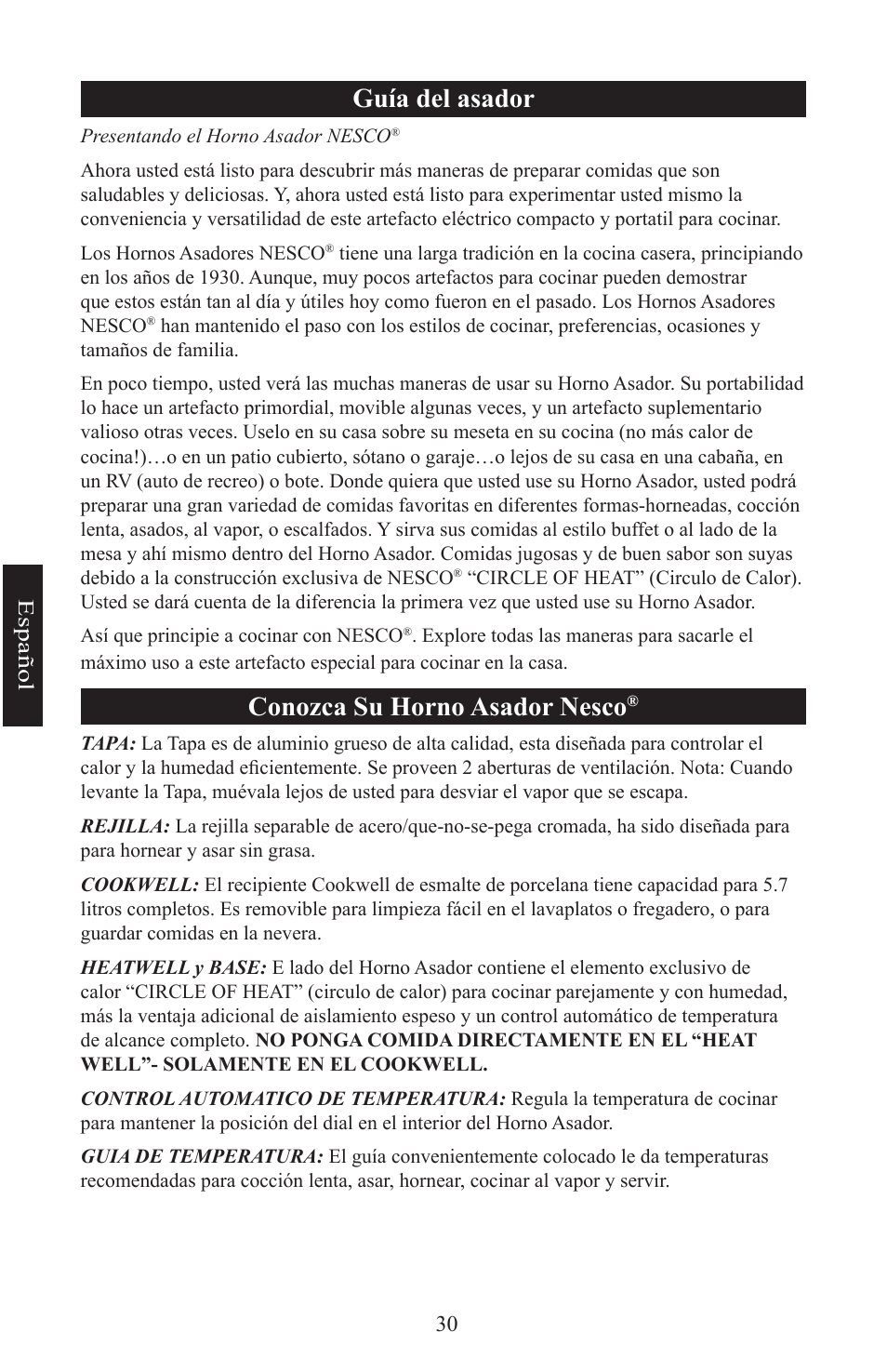 Guía del asador, Conozca su horno asador nesco | Nesco Electric Roaster Oven User Manual | Page 30 / 36