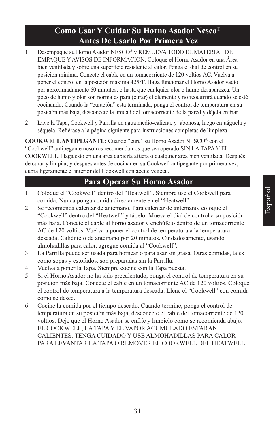 Como usar y cuidar su horno asador nesco, Antes de usarlo por primera vez, Para operar su horno asador | Nesco Electric Roaster Oven User Manual | Page 31 / 36