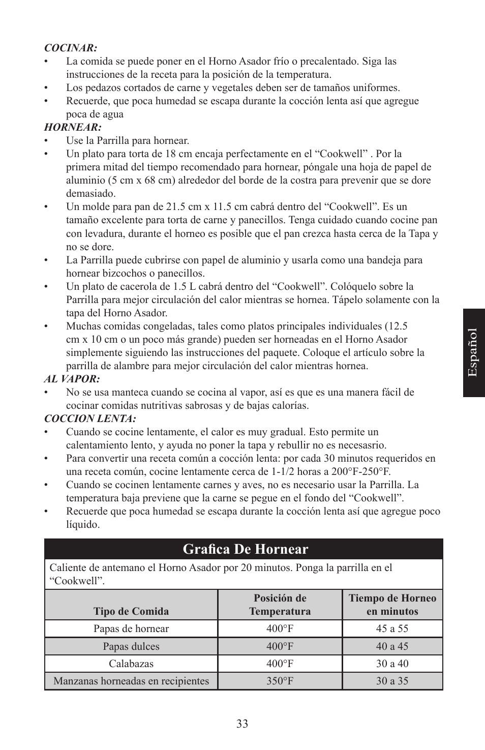 Grafica de hornear | Nesco Electric Roaster Oven User Manual | Page 33 / 36