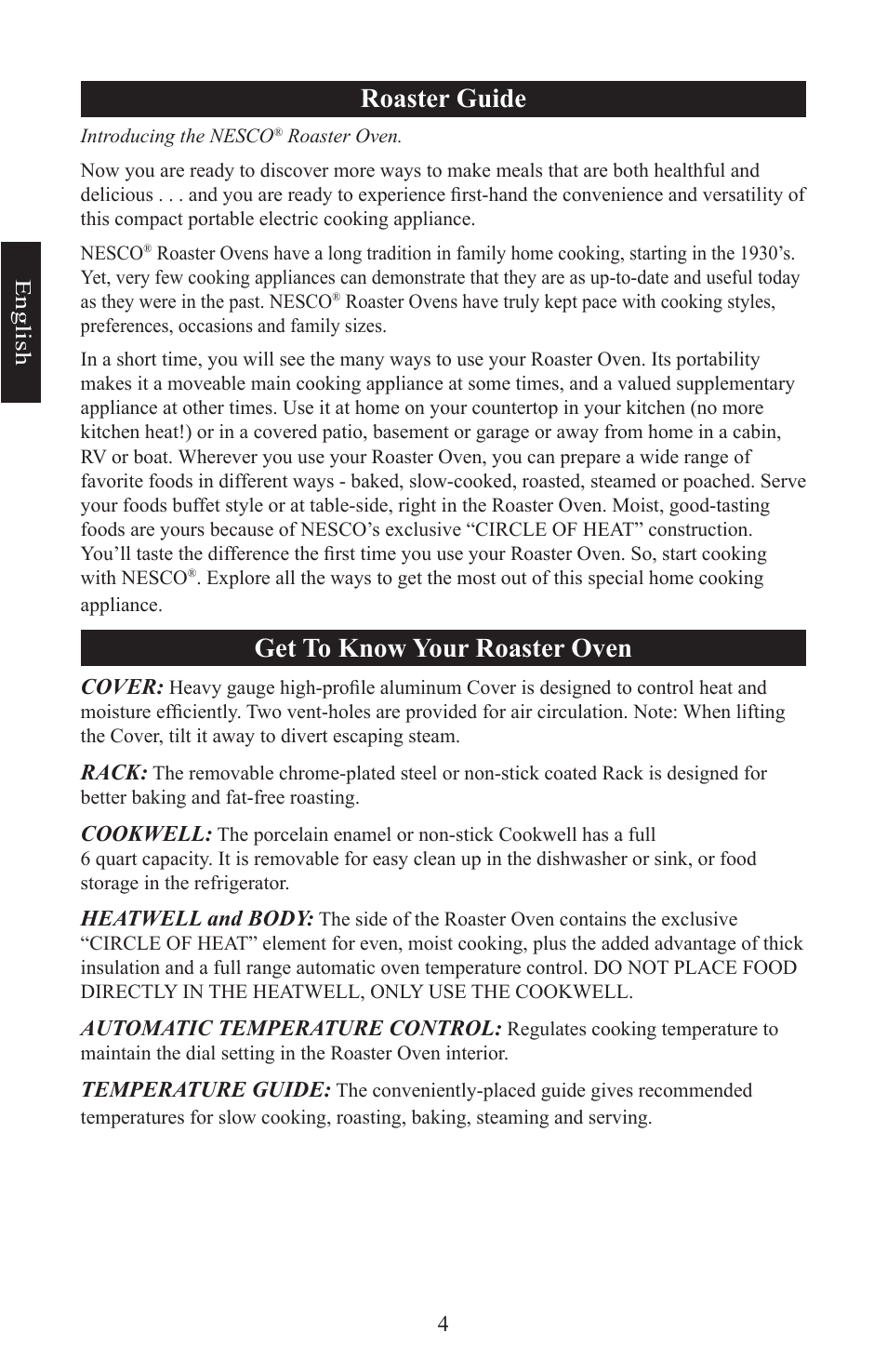 Roaster guide, Get to know your roaster oven | Nesco Electric Roaster Oven User Manual | Page 4 / 36