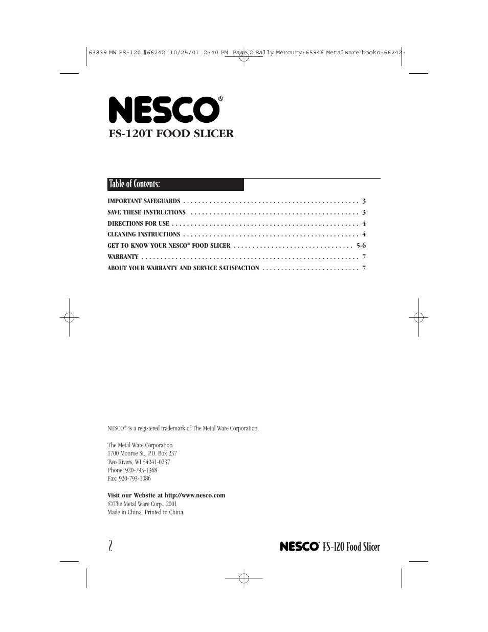 Nesco FS-120T User Manual | Page 2 / 8