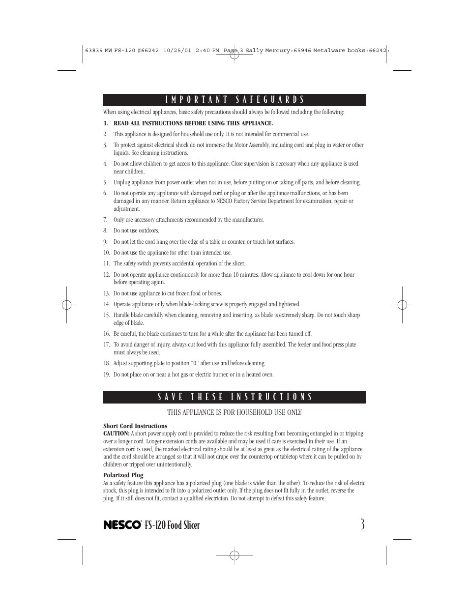 Fs-120 food slicer | Nesco FS-120T User Manual | Page 3 / 8