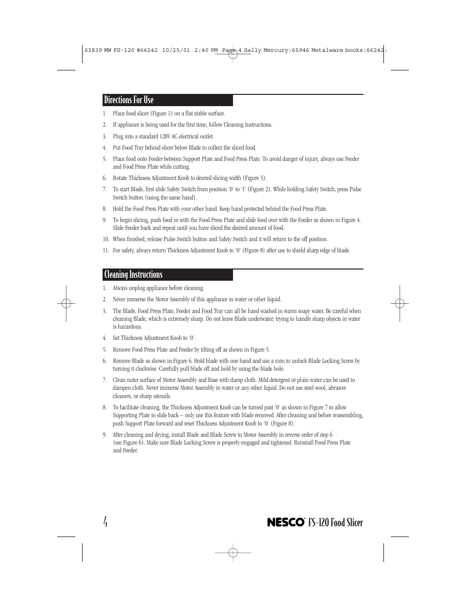 Fs-120 food slicer, Directions for use, Cleaning instructions | Nesco FS-120T User Manual | Page 4 / 8