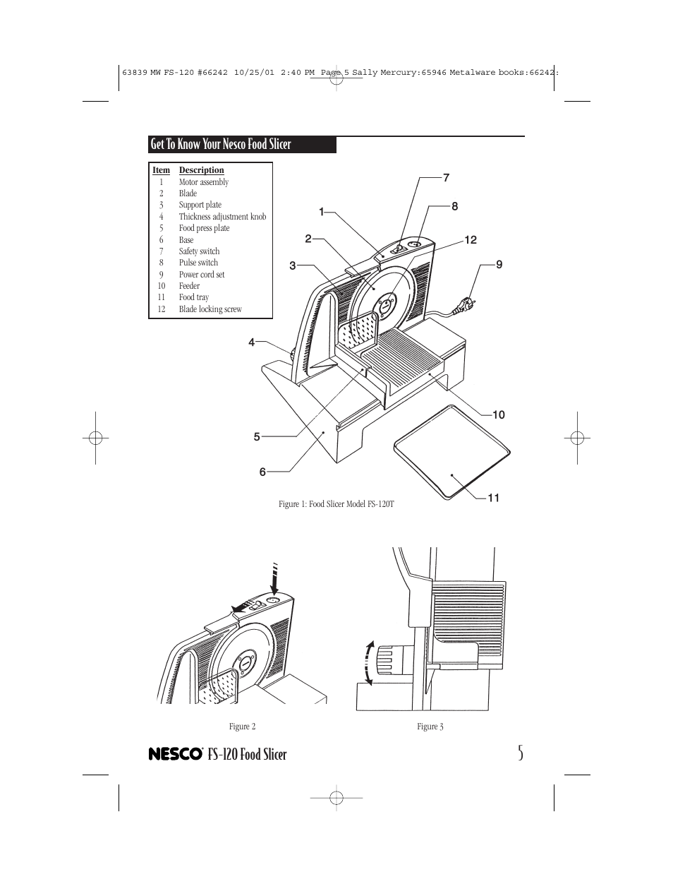 Fs-120 food slicer, Get to know your nesco food slicer | Nesco FS-120T User Manual | Page 5 / 8