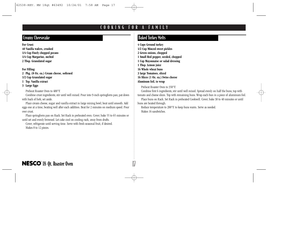 Qt. roaster oven, Creamy cheesecake, Baked turkey melts | Nesco 18-Qt. ROASTER OVEN User Manual | Page 18 / 20