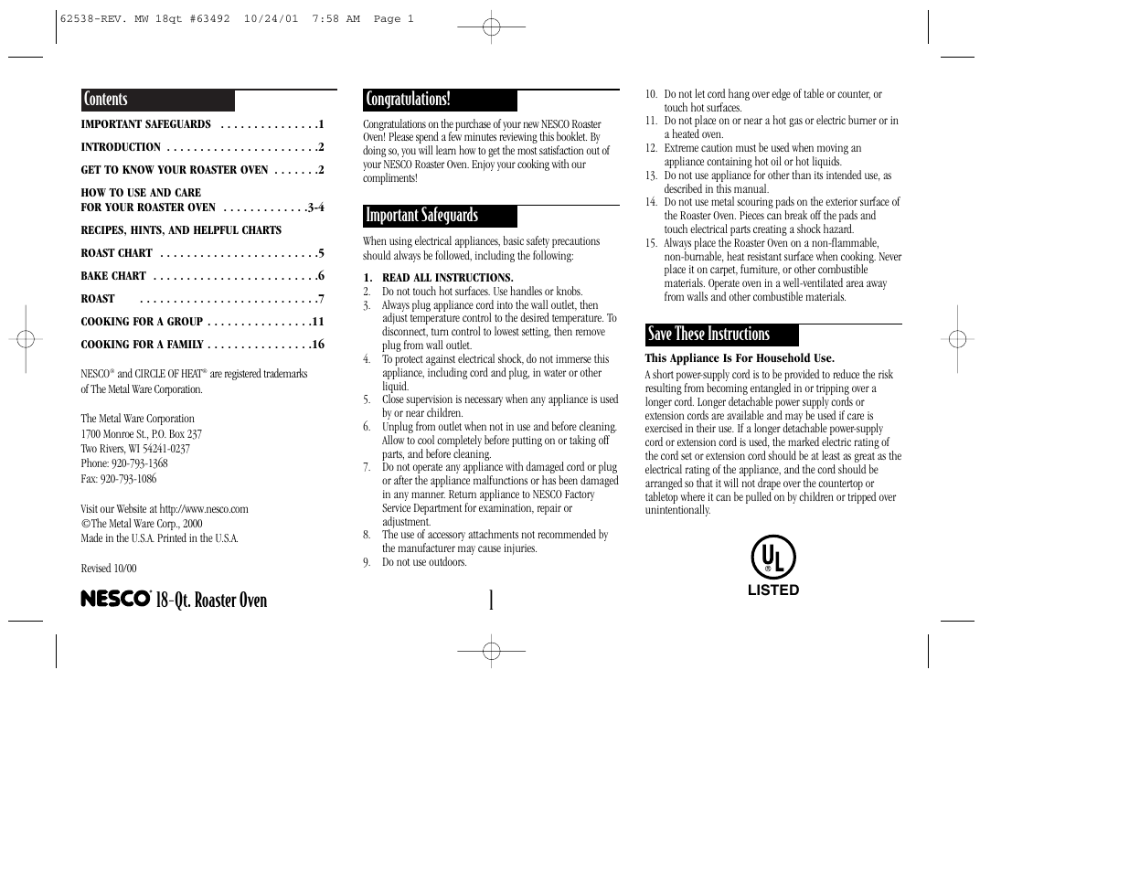 Nesco 18-Qt. ROASTER OVEN User Manual | Page 2 / 20