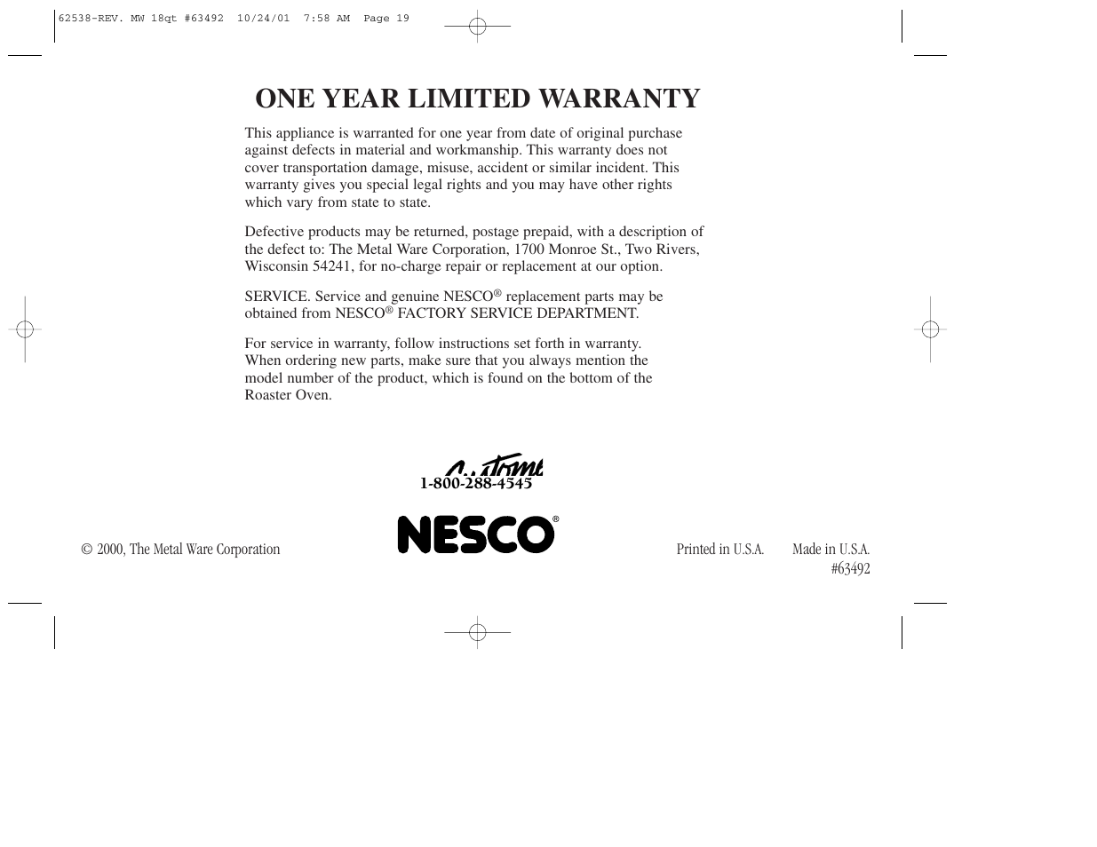 One year limited warranty | Nesco 18-Qt. ROASTER OVEN User Manual | Page 20 / 20