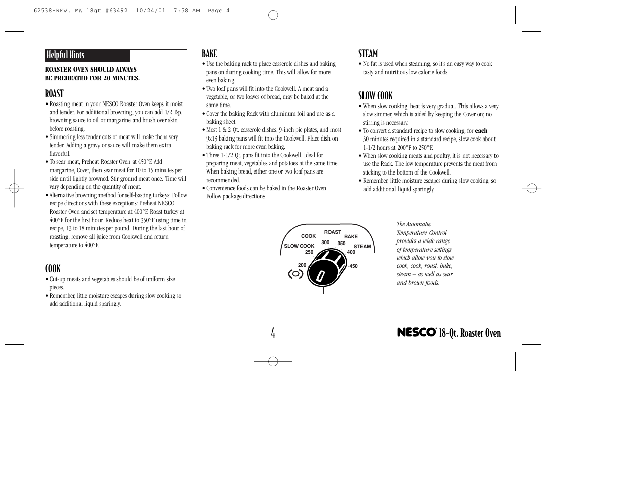 Qt. roaster oven, Helpful hints, Roast | Cook, Bake, Steam, Slow cook | Nesco 18-Qt. ROASTER OVEN User Manual | Page 5 / 20