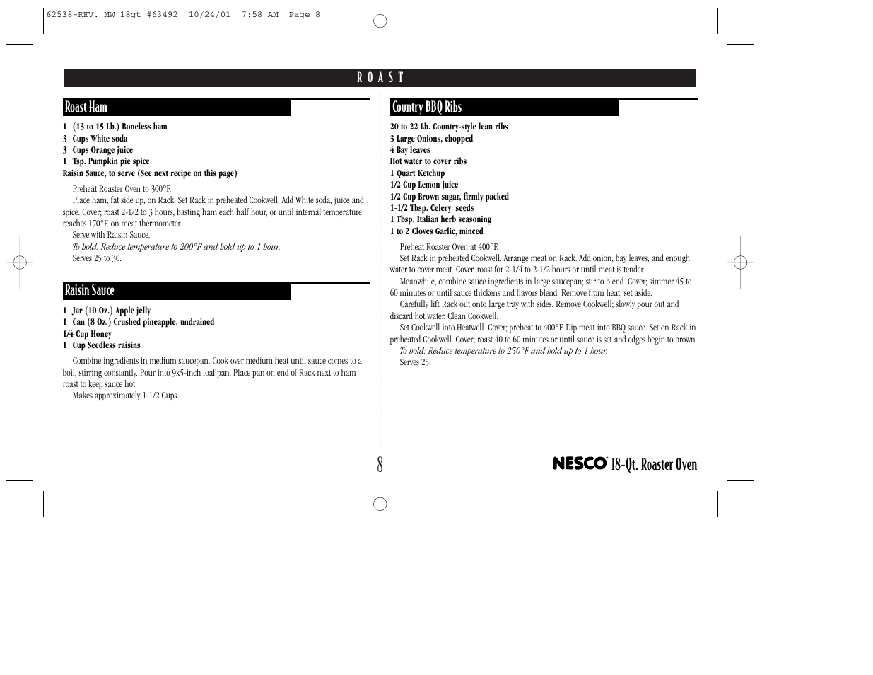 Qt. roaster oven, Roast ham, Raisin sauce | Country bbq ribs | Nesco 18-Qt. ROASTER OVEN User Manual | Page 9 / 20