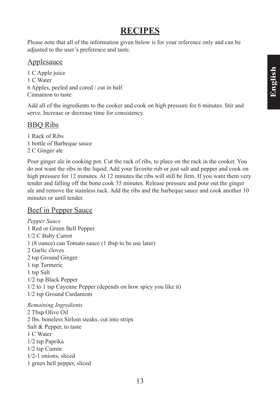 Recipes, 13 e n gl is h, Applesauce | Bbq ribs, Beef in pepper sauce | Nesco PC-6-25 User Manual | Page 13 / 52