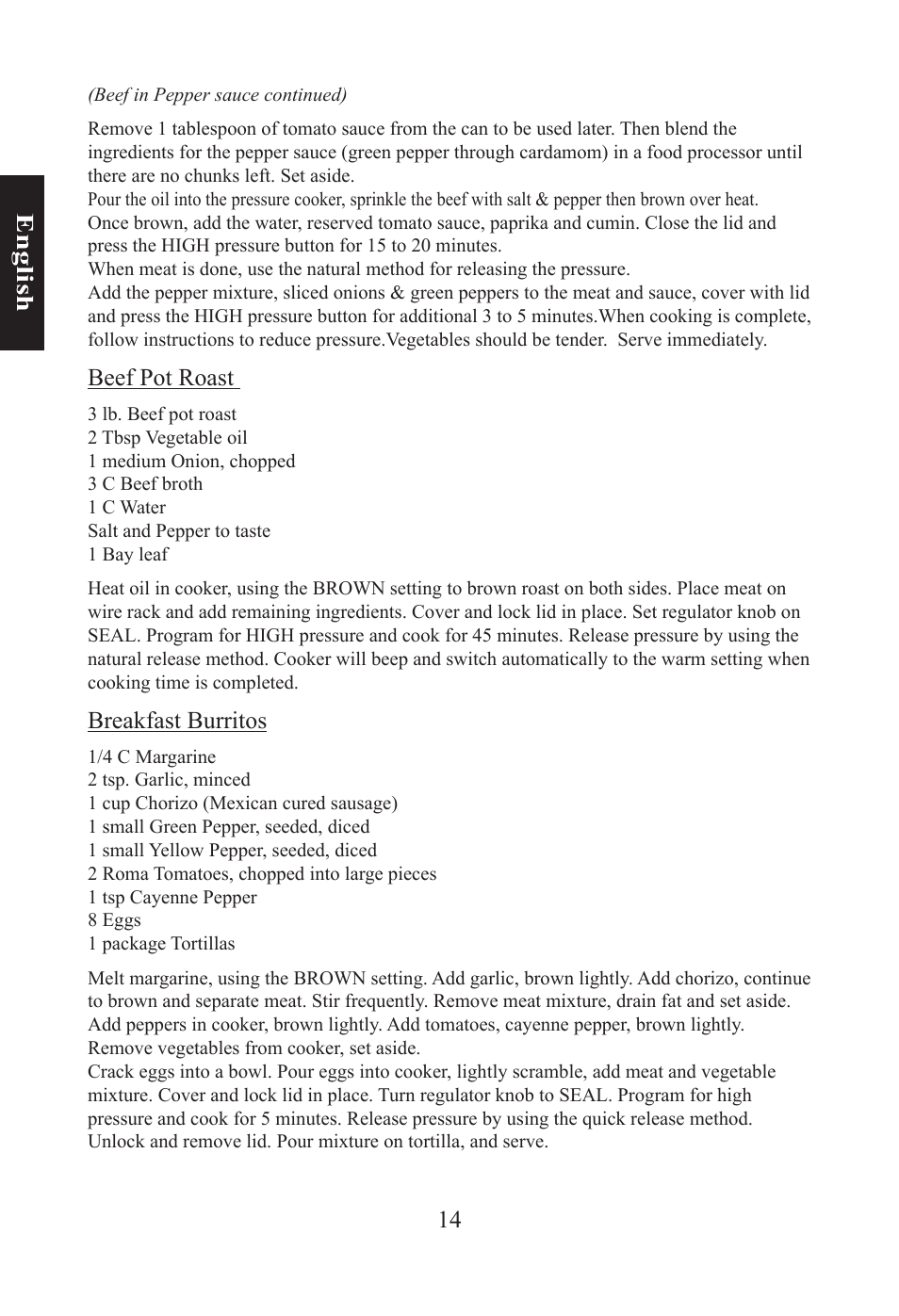 14 e n gl is h, Beef pot roast, Breakfast burritos | Nesco PC-6-25 User Manual | Page 14 / 52