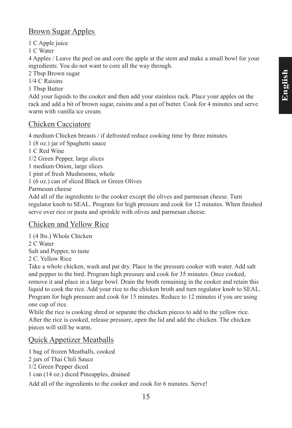 15 e n gl is h brown sugar apples, Chicken cacciatore, Chicken and yellow rice | Quick appetizer meatballs | Nesco PC-6-25 User Manual | Page 15 / 52