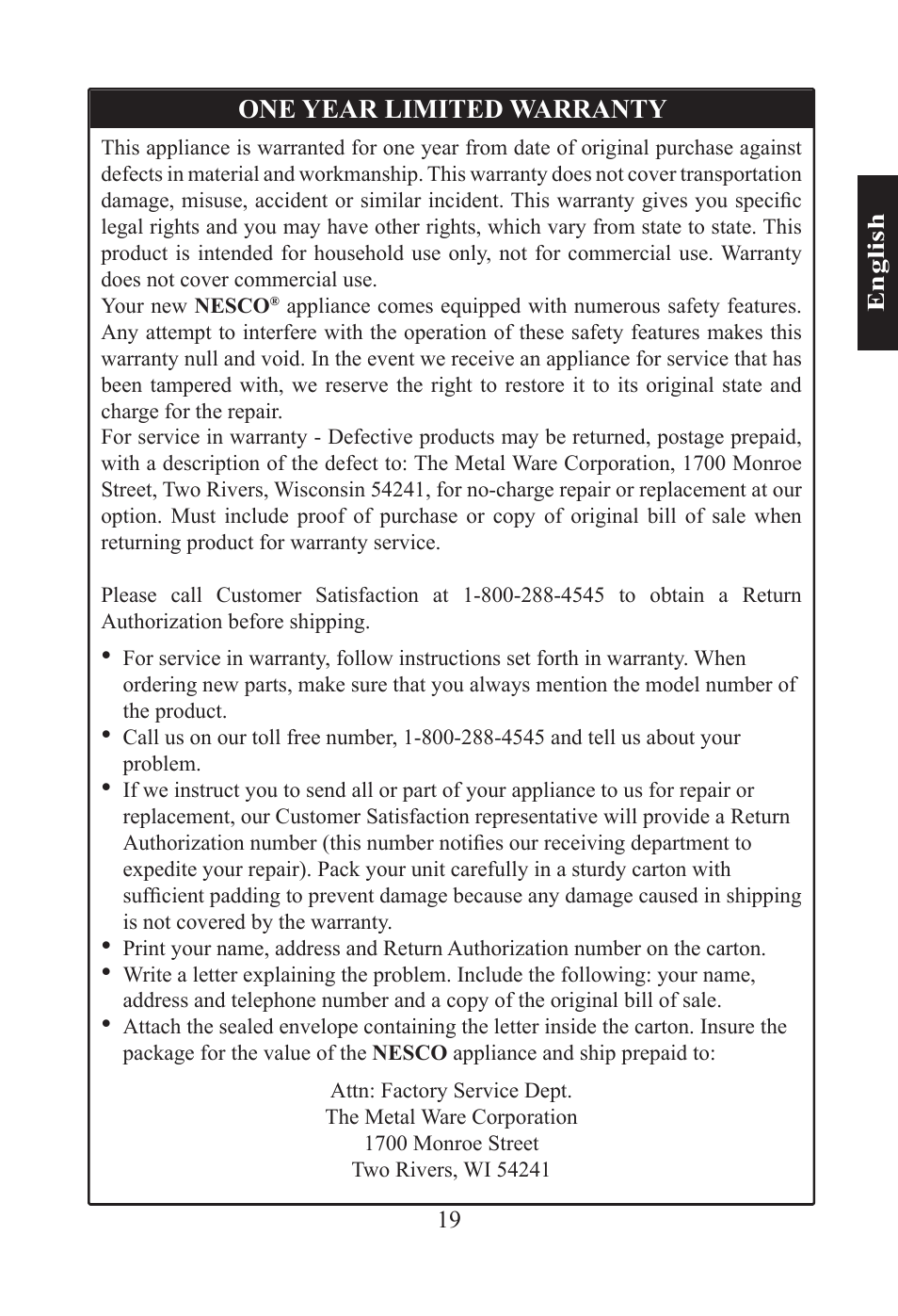 One year limited warranty | Nesco PC-6-25 User Manual | Page 19 / 52