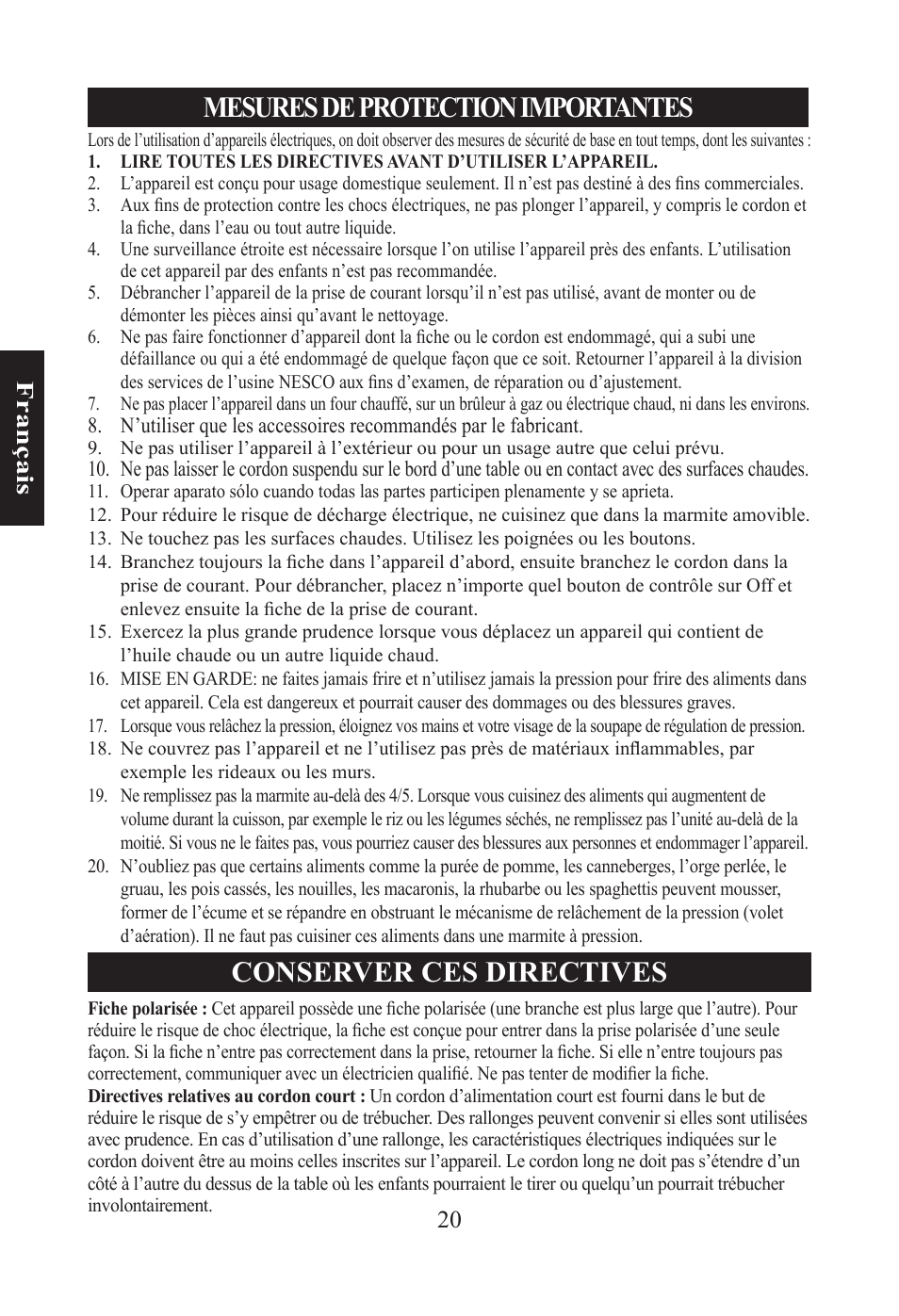 Mesures de protection importantes, Conserver ces directives, 20 f ra n ça is | Nesco PC-6-25 User Manual | Page 20 / 52