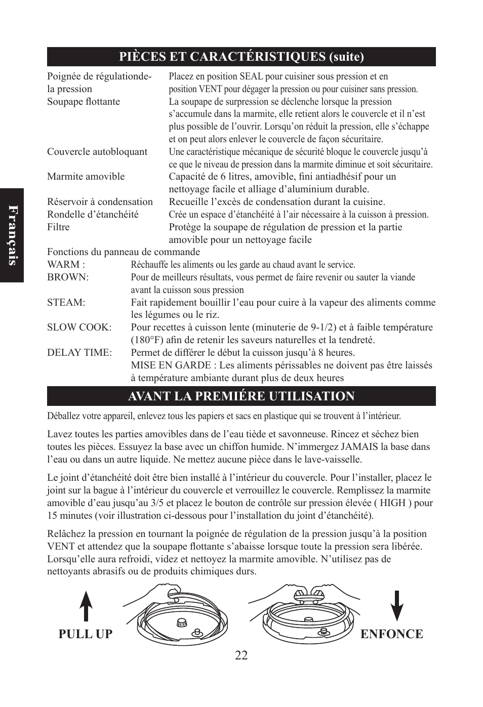 22 f ra n ça is pièces et caractéristiques (suite), Avant la premiére utilisation, Enfonce pull up | Nesco PC-6-25 User Manual | Page 22 / 52
