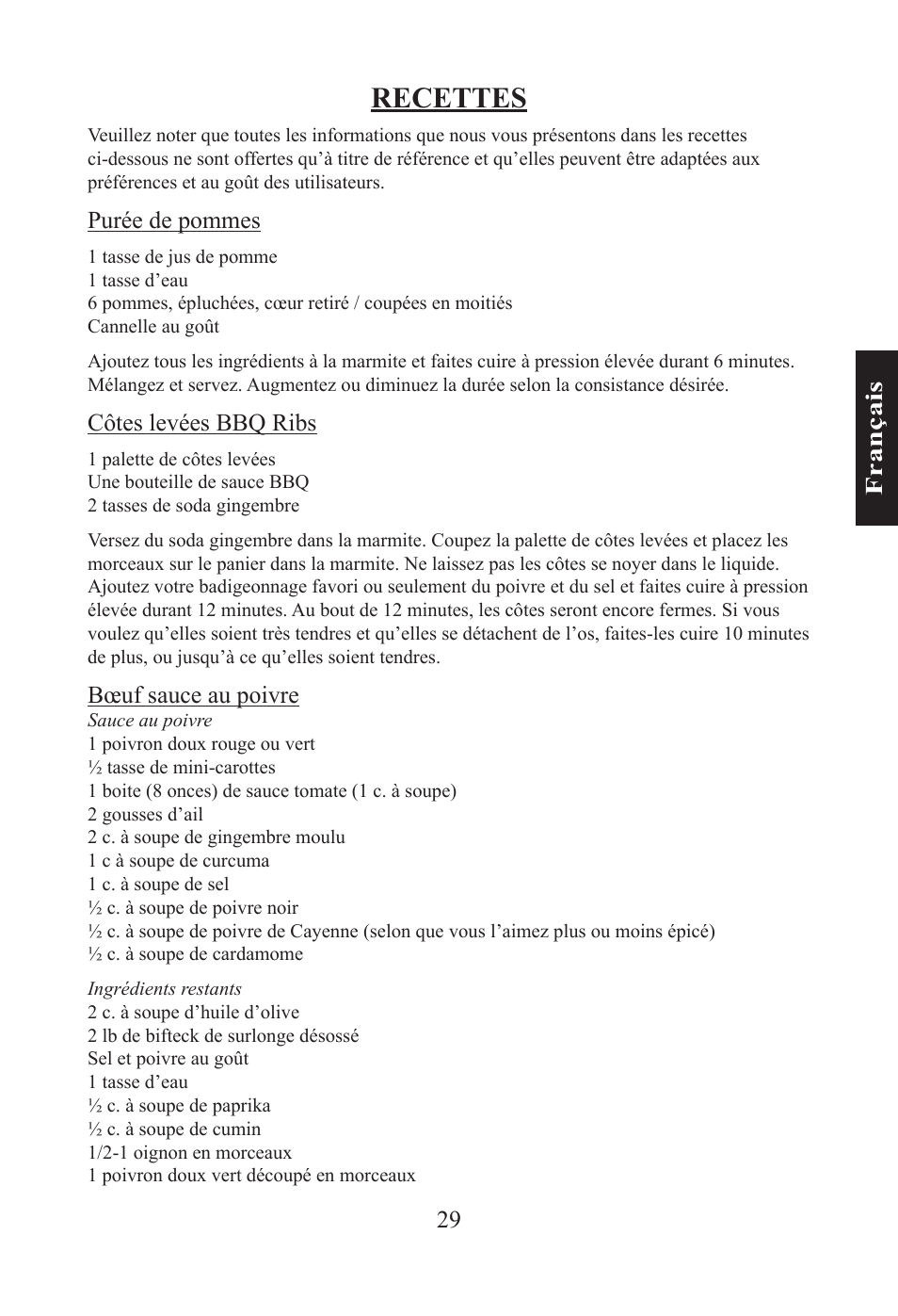 Recettes, 29 f ra n ça is, Purée de pommes | Côtes levées bbq ribs, Bœuf sauce au poivre | Nesco PC-6-25 User Manual | Page 29 / 52