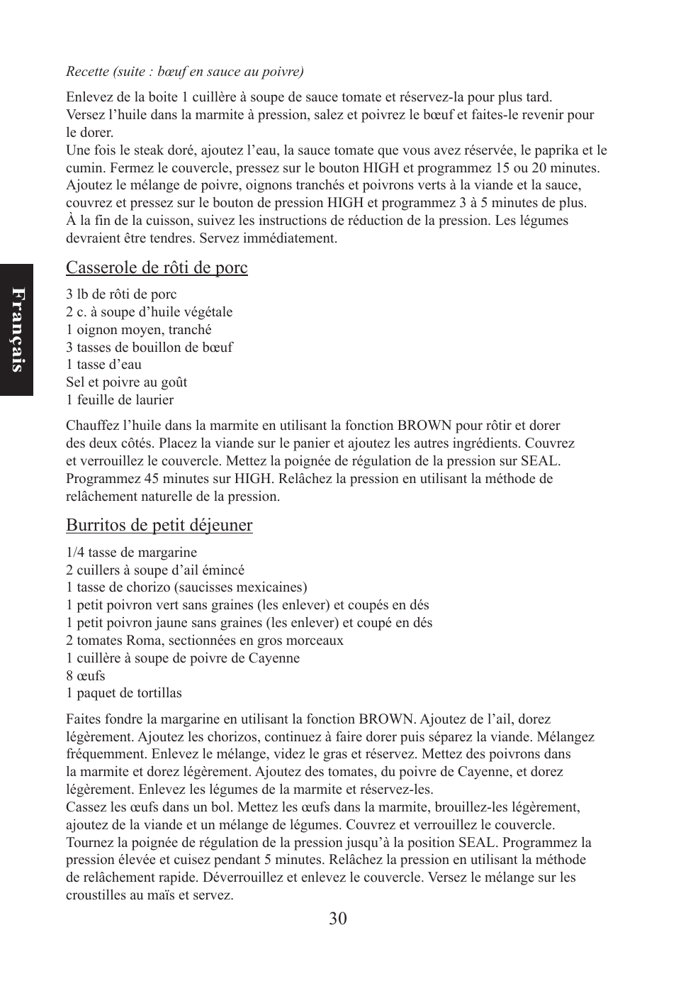 30 f ra n ça is, Casserole de rôti de porc, Burritos de petit déjeuner | Nesco PC-6-25 User Manual | Page 30 / 52