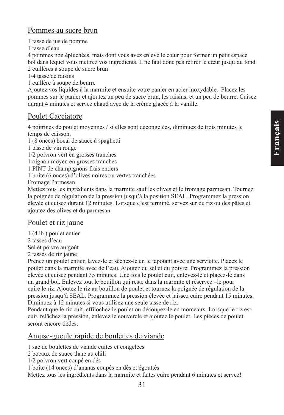 31 f ra n ça is pommes au sucre brun, Poulet cacciatore, Poulet et riz jaune | Amuse-gueule rapide de boulettes de viande | Nesco PC-6-25 User Manual | Page 31 / 52