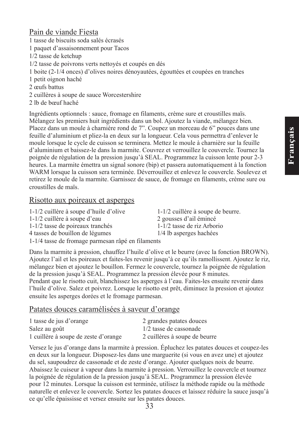 33 f ra n ça is pain de viande fiesta, Risotto aux poireaux et asperges, Patates douces caramélisées à saveur d’orange | Nesco PC-6-25 User Manual | Page 33 / 52
