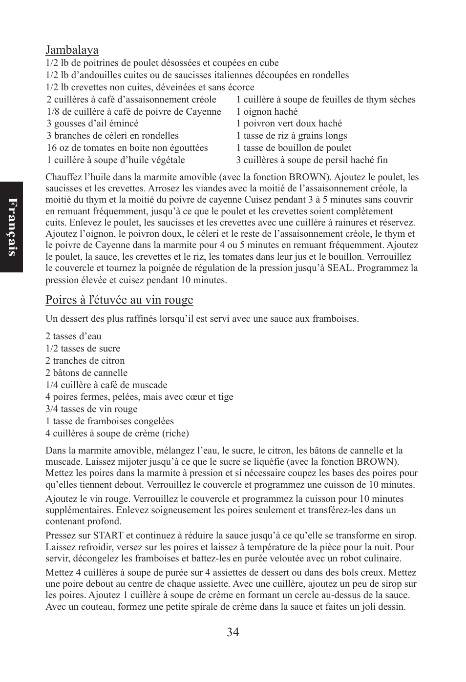 34 f ra n ça is jambalaya, Poires à ľétuvée au vin rouge | Nesco PC-6-25 User Manual | Page 34 / 52
