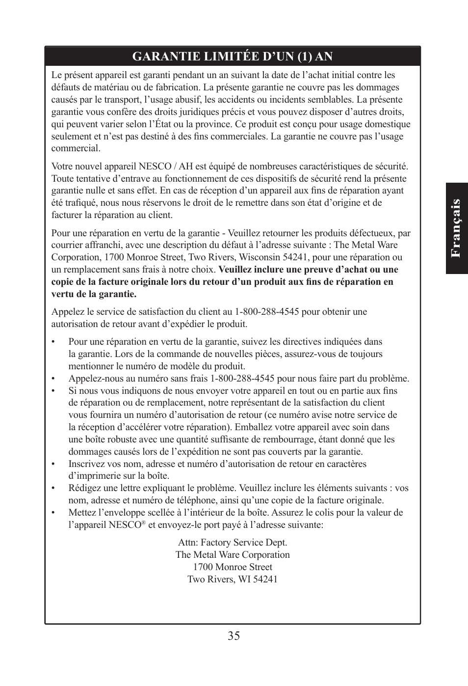 35 f ra n ça is garantie limitée d’un (1) an | Nesco PC-6-25 User Manual | Page 35 / 52