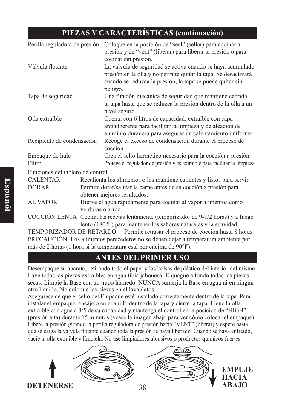 Antes del primer uso, Empuje hacia abajo detenerse | Nesco PC-6-25 User Manual | Page 38 / 52