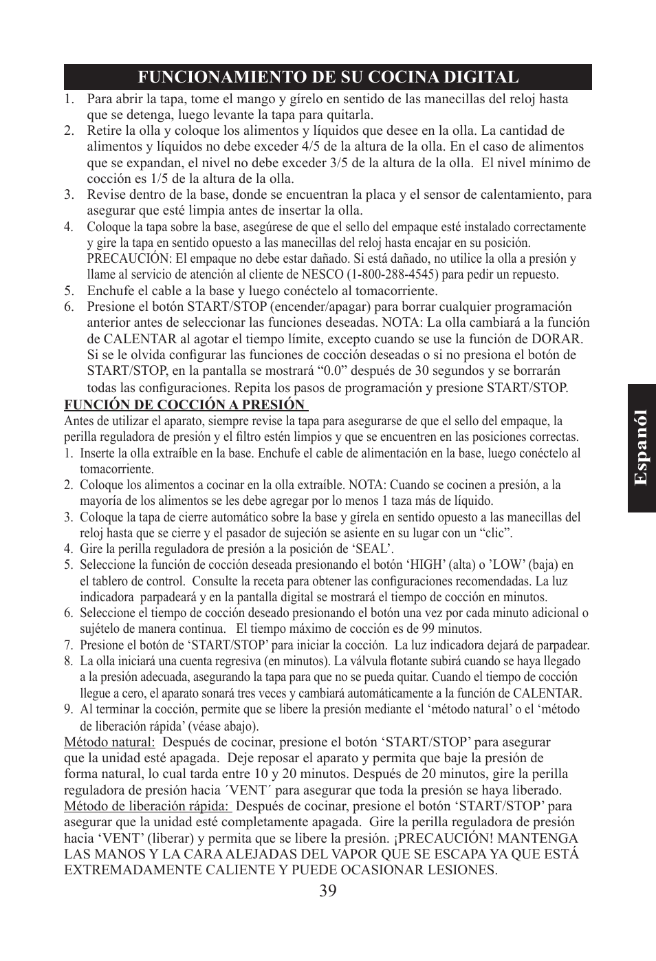 39 e sp an ól funcionamiento de su cocina digital | Nesco PC-6-25 User Manual | Page 39 / 52