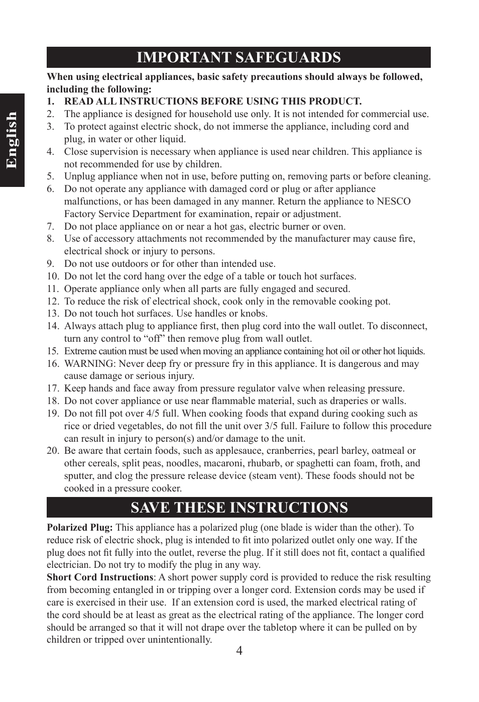 Important safeguards, Save these instructions, En gl is h | Nesco PC-6-25 User Manual | Page 4 / 52