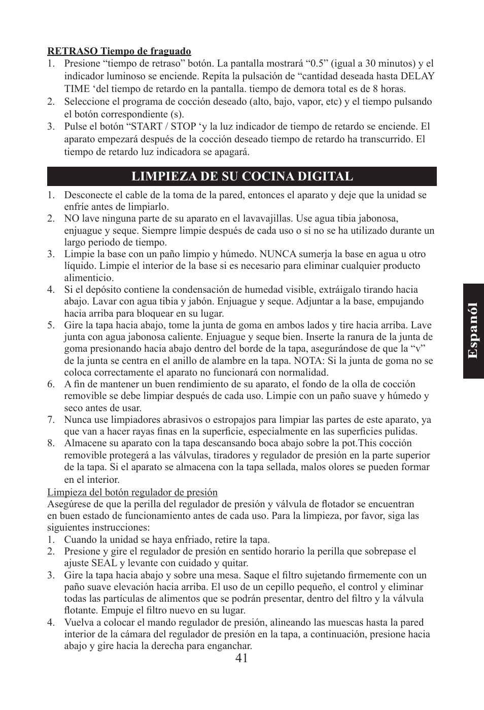 41 e sp an ól, Limpieza de su cocina digital | Nesco PC-6-25 User Manual | Page 41 / 52