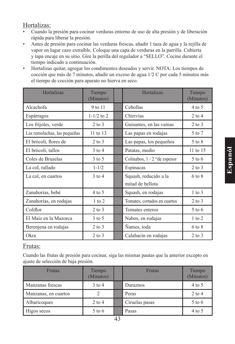 43 e sp an ól hortalizas, Frutas | Nesco PC-6-25 User Manual | Page 43 / 52