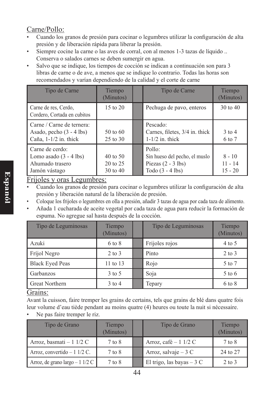 44 e sp an ól carne/pollo, Frijoles y oras legumbres, Grains | Nesco PC-6-25 User Manual | Page 44 / 52